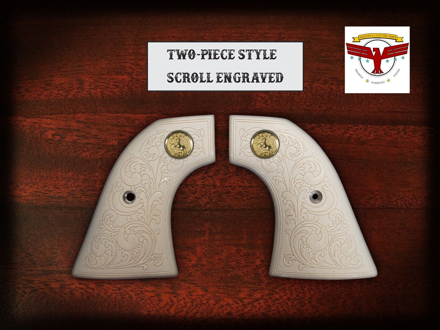 DENIX 1873 PEACEMAKER & CAVALRY REVOLVER GRIPS ~ MAGNA-TUSK™ WHITE SCROLL – QR