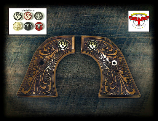 RUGER BLACKHAWK, VAQUERO, SINGLE SIX, SBH Rnd ~ Magna-Tusk AGED FLORAL GRIPS qr